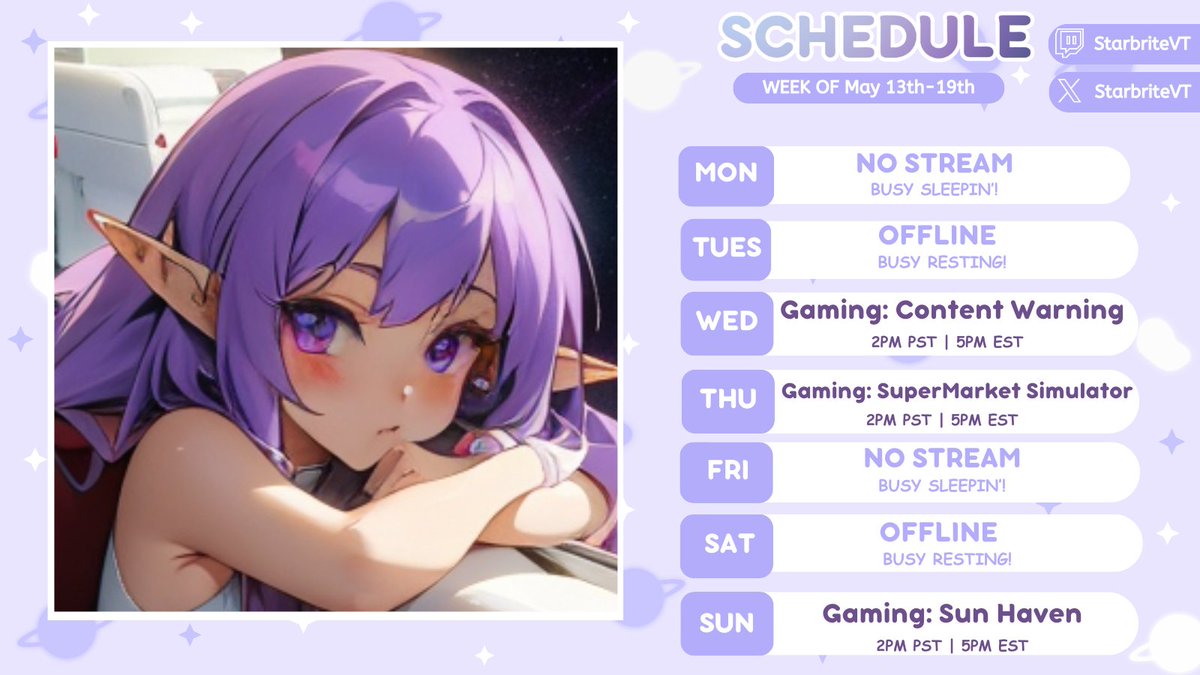 This week's schedule! Hope to see you there! ✨💜

#vtuber #vtuberuprising #vtubersarestillwatching