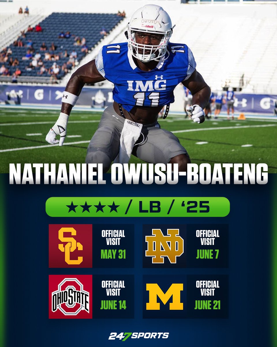 Elite linebacker Nathaniel Owusu-Boateng has changed his Official Visit schedule. #USC #NotreDame #OhioState and #Michigan are getting trips from him in the near future. VIP Update: 247sports.com/article/four-o… @_nob11 @247Sports