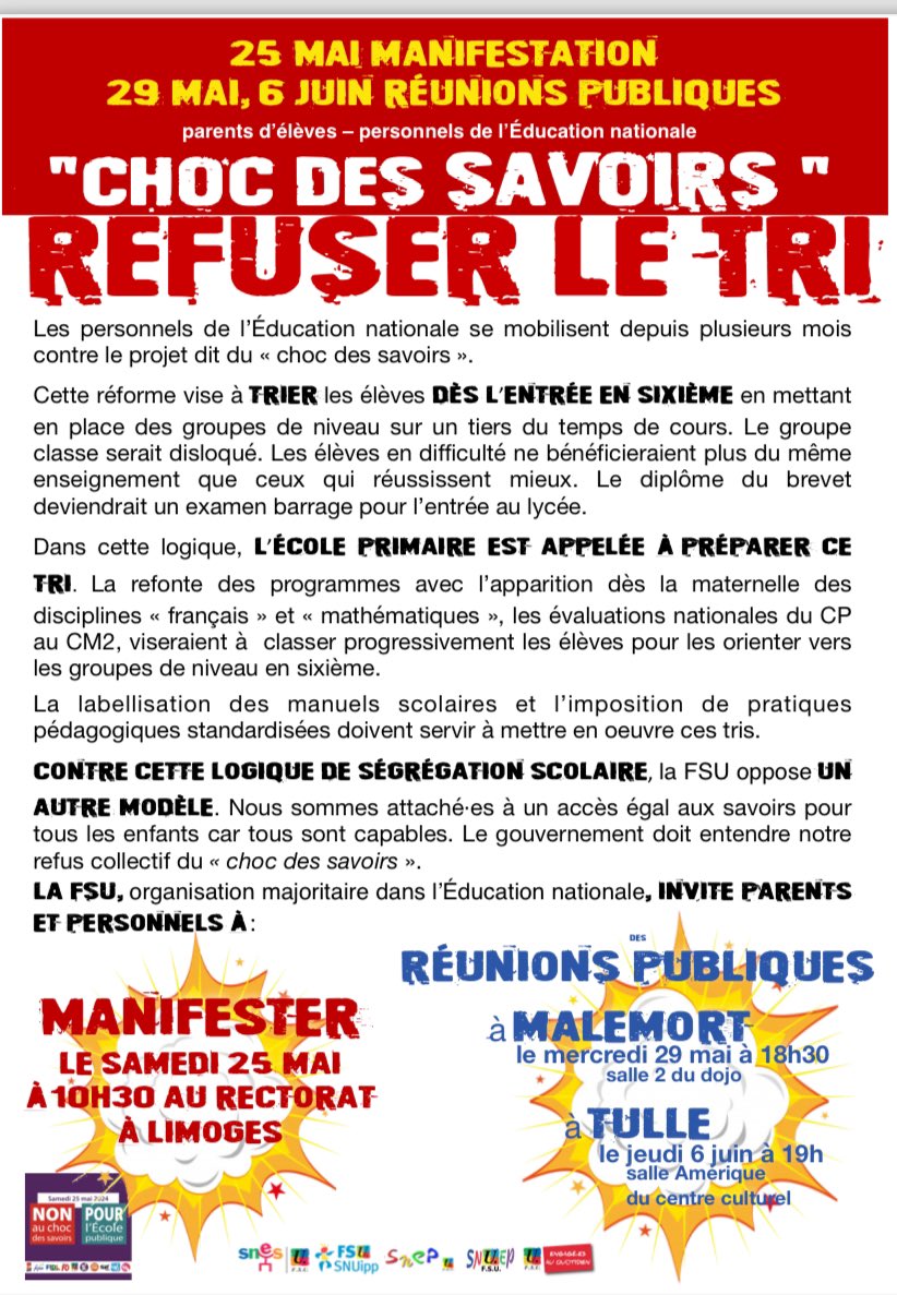 #NouNeTrieronsPasNosEleves En Corrèze manifestation le 25 mai à Limoges et réunions publiques à venir ⤵️ Stoppons le « choc des savoirs », refusons le tri ! Et les outils pour agir en CA : snes.edu/article/agir-e…