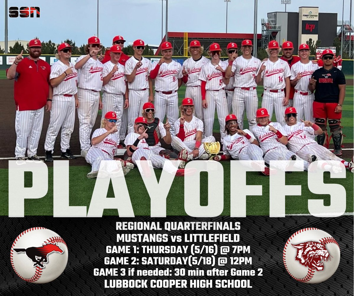 🚨Mustang Baseball Playoff Info🚨 🏆 Regional Quarterfinals 🏆 🆚 Littlefield Wildcats 1️⃣ Game 1: Thursday, May 16th @ 7pm 2️⃣ Game 2: Saturday, May 18th @ 12pm 3️⃣ Game 3 (if needed): 30 min after Game 2 📍Lubbock Cooper High School Let's Go Mustangs! #ShallowaterISD