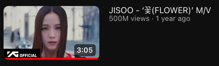 #FLOWER by #JISOO has now surpassed 500 million views on YouTube, is now the fastest MV by a Korean female soloist to do so (409 days).