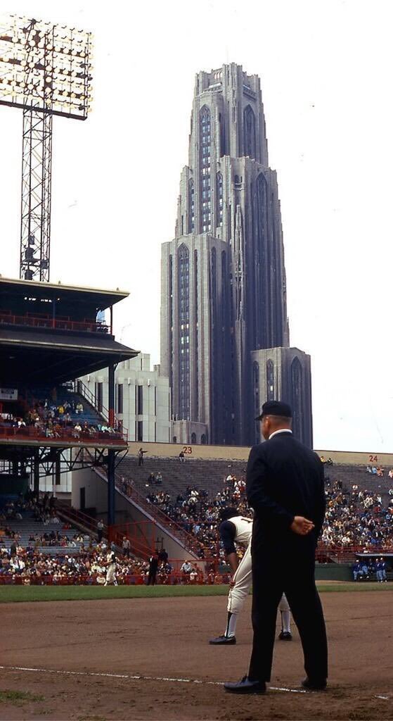 The University of Pittsburgh’s Cathedral of Learning looms over Forbes Field, 1969.