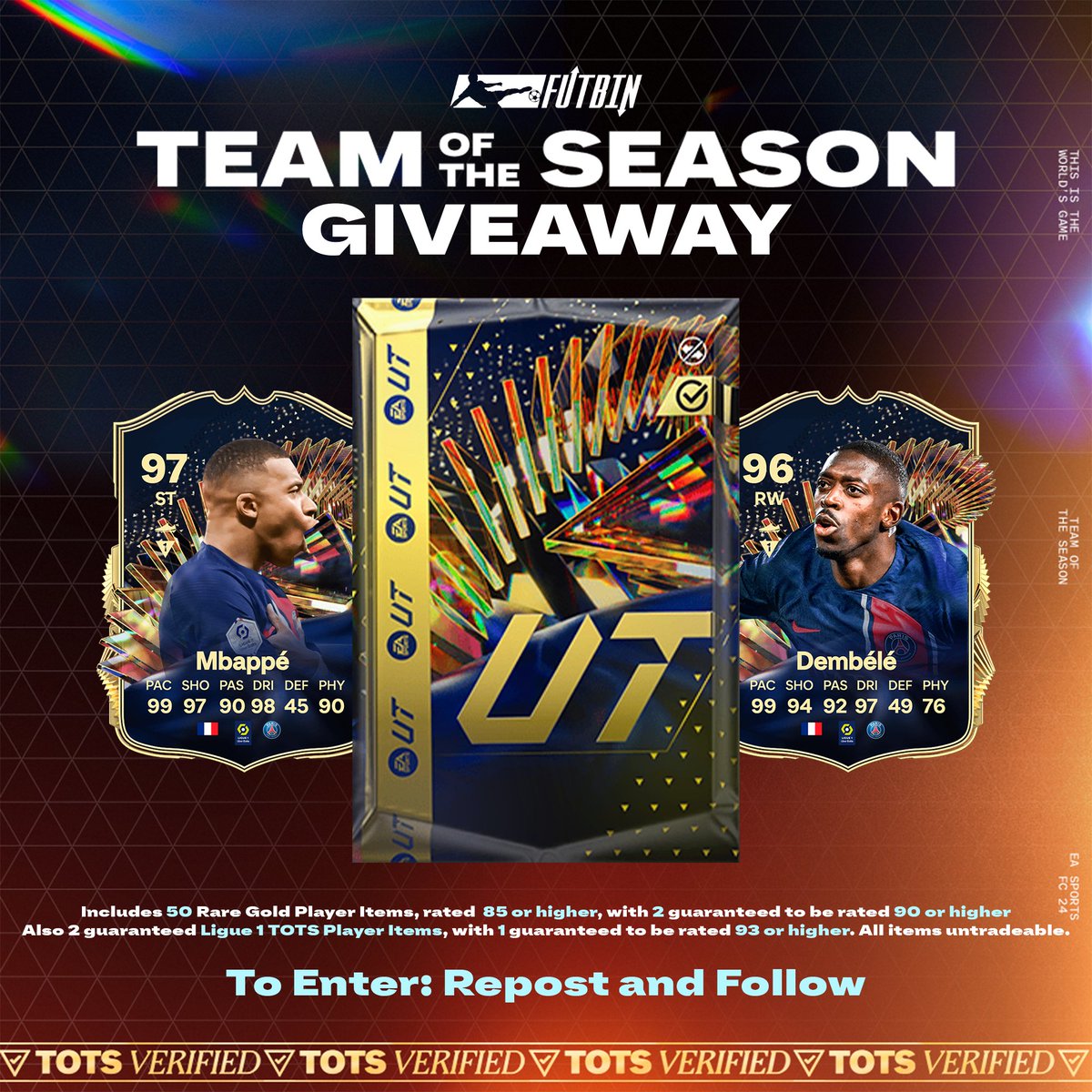 🇫🇷👀 Ligue 1 TOTS Giveaway!  

If you want to open the Double Ligue 1 TOTS pack, follow the steps below for your chance to win!  

How to enter: 
- Repost the post  🔄
- Follow <a href="/FUTBIN/">FUTBIN</a> ✅