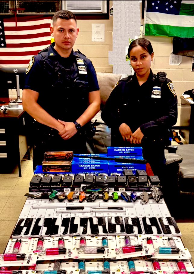 Your Neighborhood Coordination Officers, P.O. Bonilla and P.O. Tolentino made an arrest and confiscated these deadly instruments. These switchblades, knives disguised as combs, and batons could have easily been used to harm #EastHarlem residents!