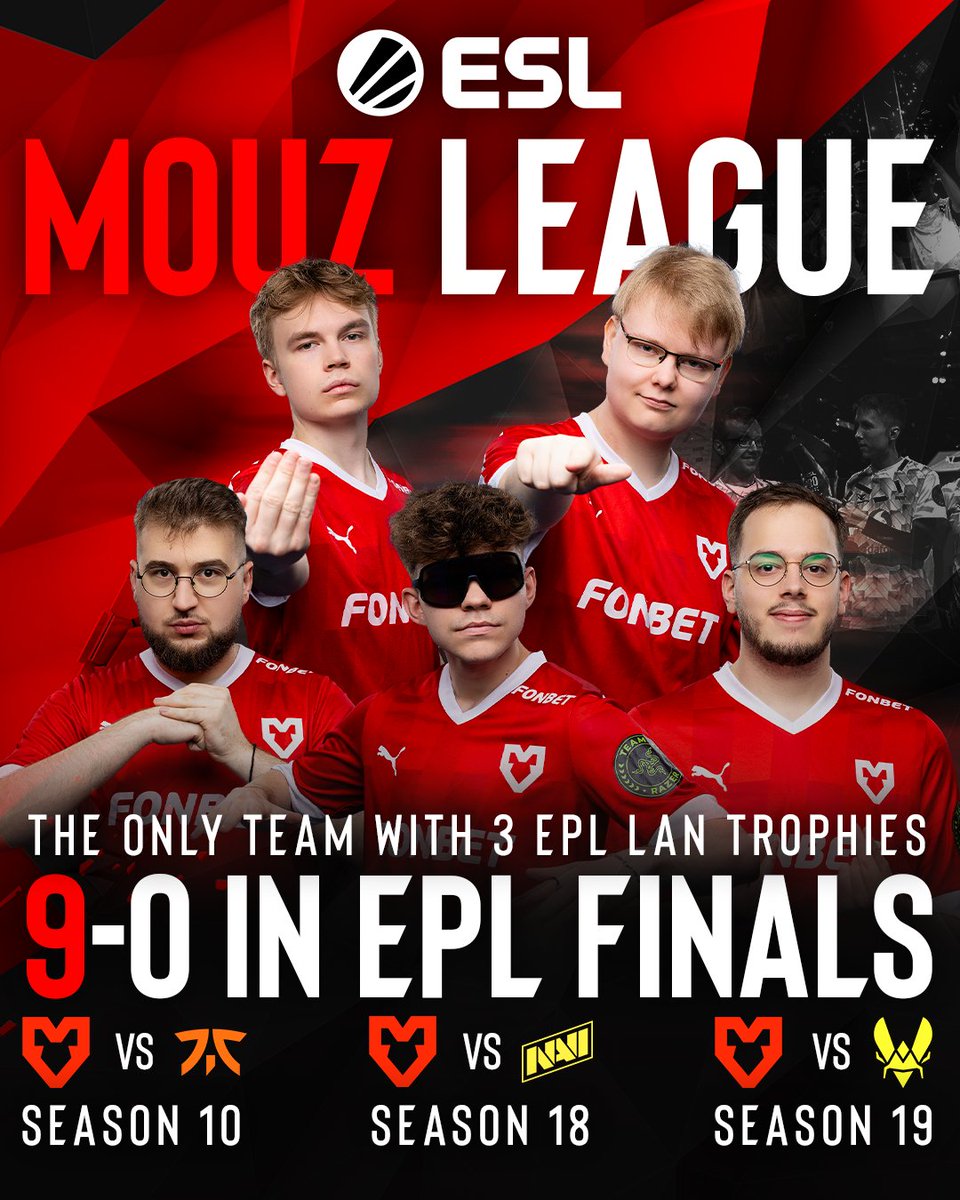 IT'S THE ESL MOUZ LEAGUE 🔥 As an organisation @mousesports is UNDEFEATED in #ESLProLeague Grand Finals! Their total record is now 9-0 😲