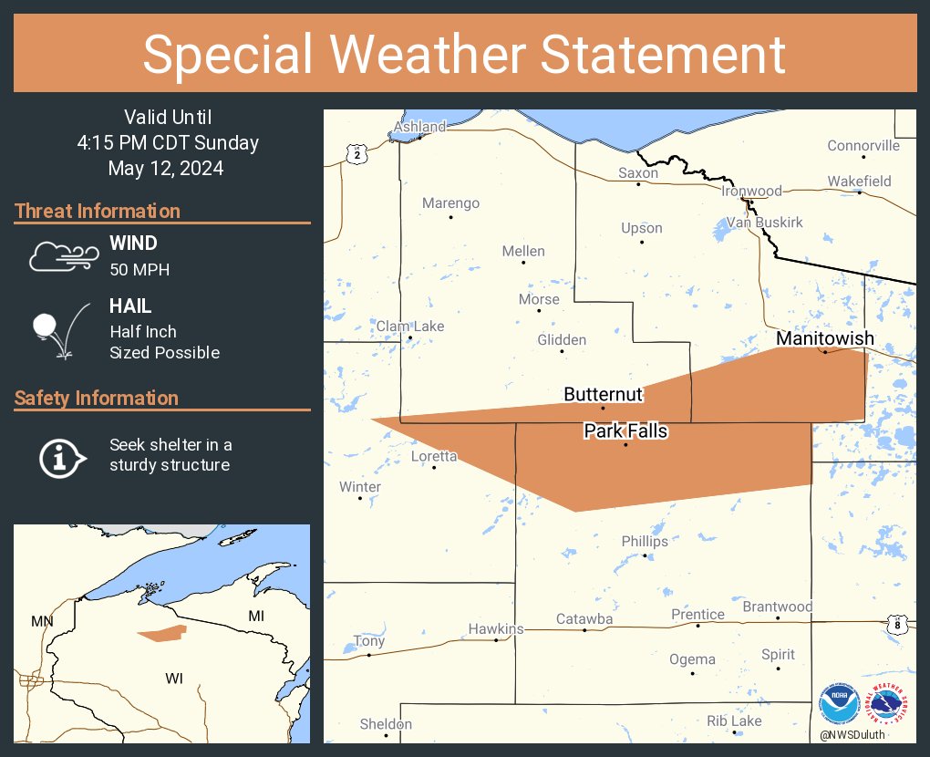 A special weather statement has been issued for Park Falls WI, Butternut WI and Manitowish WI until 4:15 PM CDT