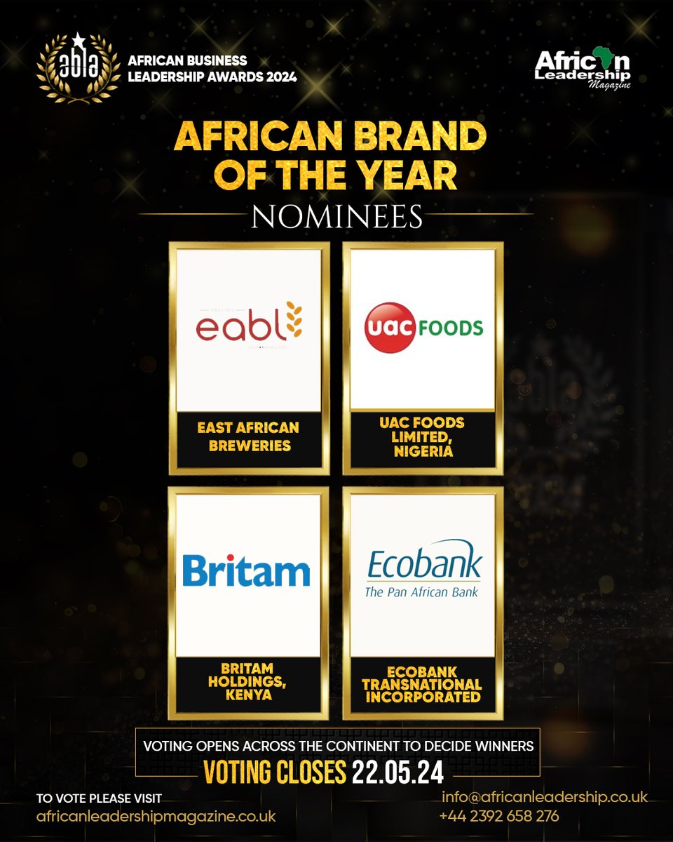 Nominees for the African Brand of the Year have been announced! These exceptional entities have showcased remarkable vision and strategic acumen in propelling their brands to prominence:
African Brand of the Year
1) East African Breweries (@EABL_PLC )
2) @uacfoodsng  LTD, Nigeria