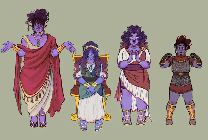 and here is his ENTIRE FAMILY!!! the royal family of Ostron! he is an escaped prince running from his family (and looking for his mom, who escaped 6 years ago when he was 10) they have so much lore. ive literally written lore on this countries exports for the DM. I'm in so deep. 