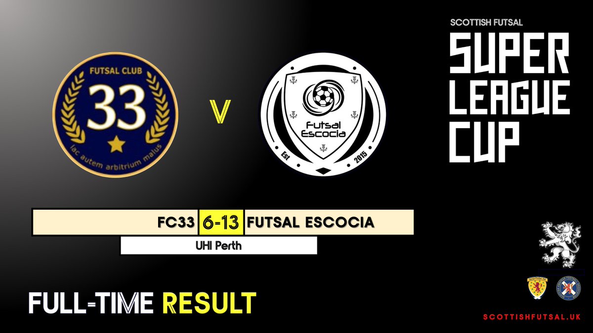 SUPER LEAGUE CUP SEMI-FINAL - RESULT @FutsalClub33 6-13 @futsalescocia FC33: K Hay 6' M Hay 24' Maloney 27', 29' Fairweather 27' Smith 34' Escocia: Holness 4', 5', 19', 35' Raeside 7', 29' Prior 14' Donnelly 16', 34' Mackenzie 23', 30' Peddie 33' Keddie 38'