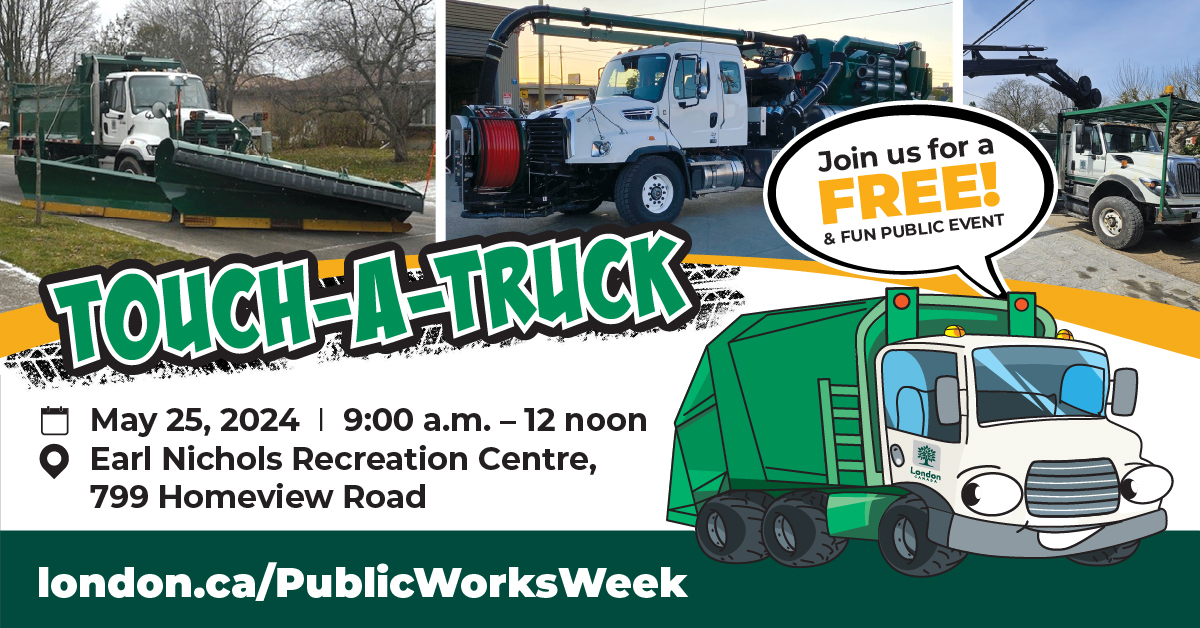 National Public Works Week is almost here, and we're celebrating by showcasing more than 20 trucks at our Touch a Truck event. Save the date! 📅 May 25, 2024 ⏰ 9:00 a.m. - 12 noon 📍 Earl Nichols Recreation Centre bit.ly/4dyTuKL #LdnOnt