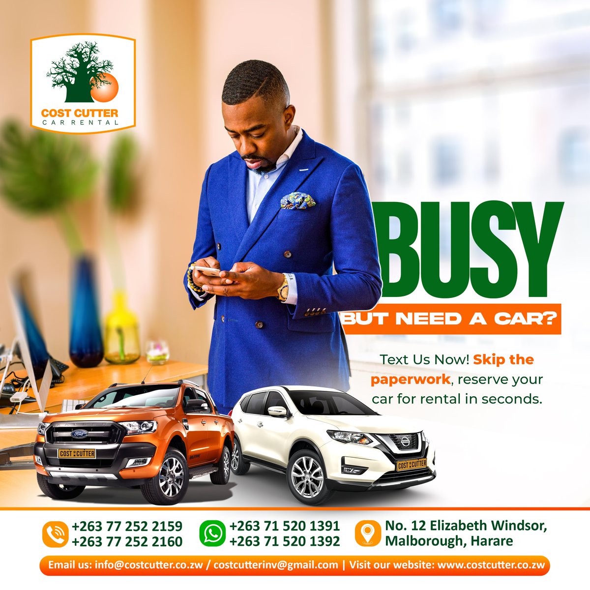 Let us take the stress out of your transport equation and empower you to conquer your hectic itinerary with ease this week. Enjoy the freedom and convenience of having your own vehicle book online or simply send us a WhatsApp message! #costcuttercarrental #carrentalharare