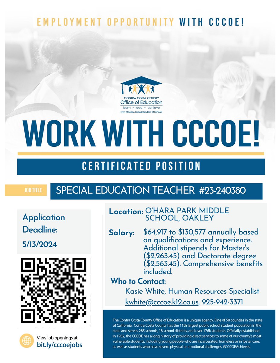 🌟 Opportunity Alert! 🌟 ❔Are you a dedicated Special Education Teacher looking for your next role? CCCOE has an opening for the 2024-2025 school year, and we want YOU to join our team! 👉Apply at this link: edjoin.org/Home/JobPostin… 📆 Application Deadline: May 13th