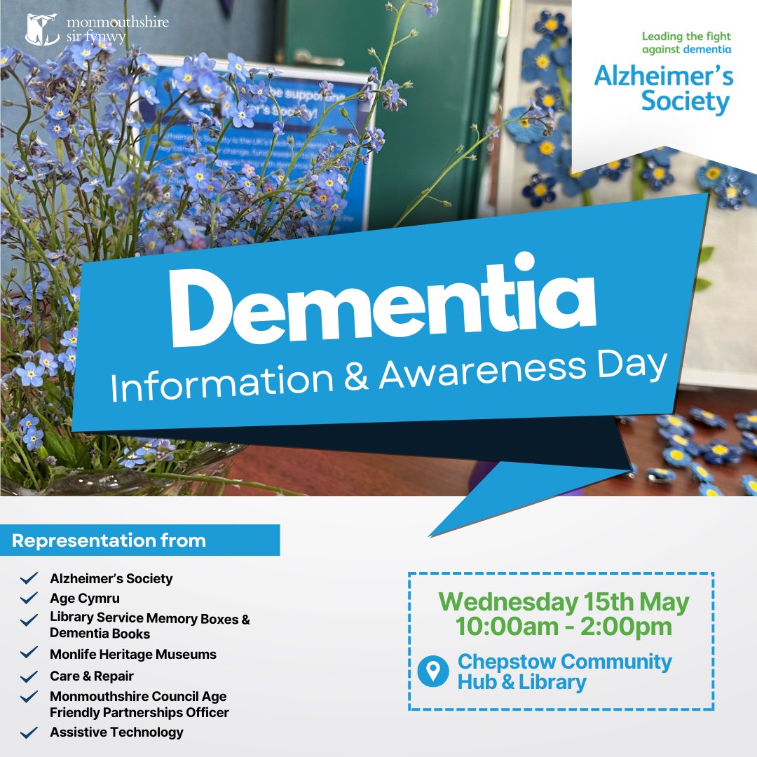 Join us in Chepstow for a Dementia awareness and information event! 
Multiple organisations including the library service will be showcasing what resources are available in the county.
 Tea, coffee and cake will also be on offer ☕🍰