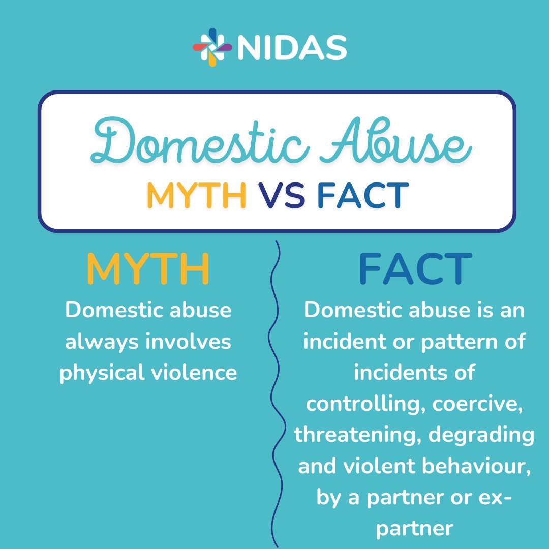 Myth: Domestic abuse always involves physical violence. Fact: It is so much more! If you would like more information about our support servicves, please contact us by calling 01623 683 250 or email hello@nidas.org.uk. #mythvsfact #domesticabuse #thetruth #abuse #NIDAS