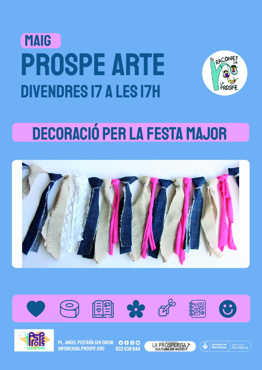 🎨 #ProspeArt: Decoració per a la #FestaMajor

🗓️ Dv. 17 de maig (17 h)

ℹ️ La pròxima activitat de la comissió artística del Casal serà aquest taller familiar on crearem garlandes i altres adorns per decorar la pl. Ángel Pestaña i el mateix Casal, de cara a les festes del barri!