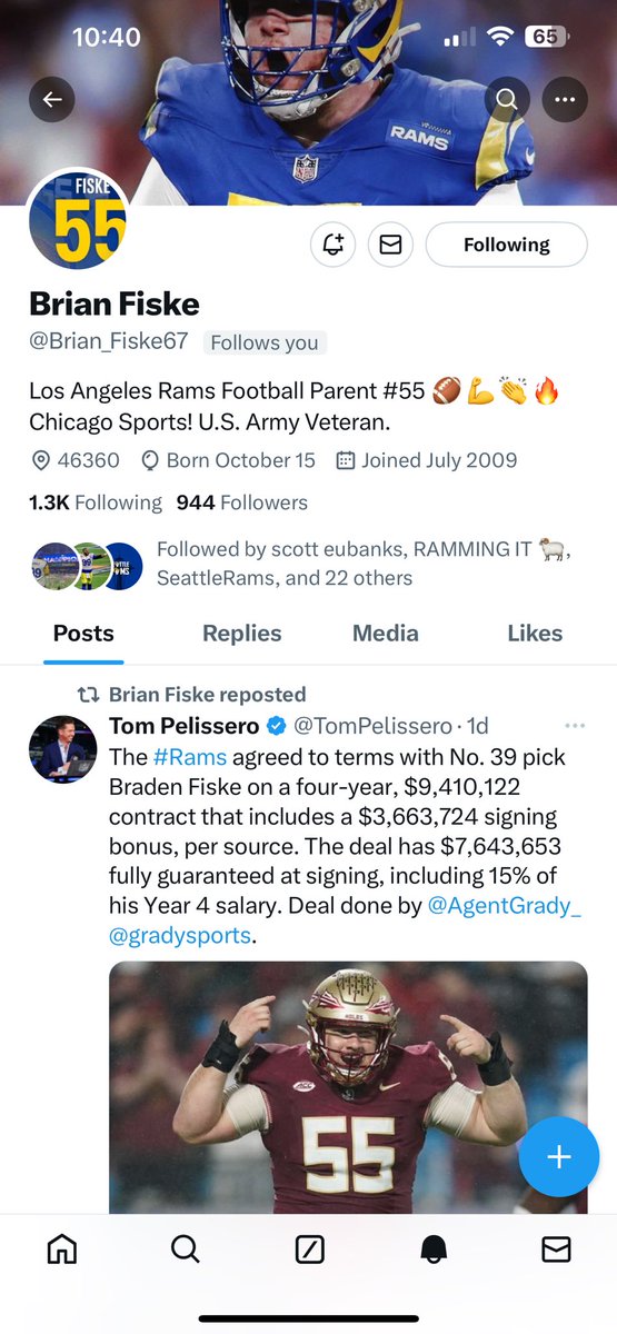 #Ramily follow Braden Fiske father on X @Brian_Fiske67 ,got a new Ramily following me yesterday and was Braden Fiske father WOW 🔥🔥🔥💙💛 Army Veteran and has the same birthday as my youngest daughter ✊ #RamsHouse give Braden’s father a follow @RampageNFL @Jim_Everett @RamsNFL
