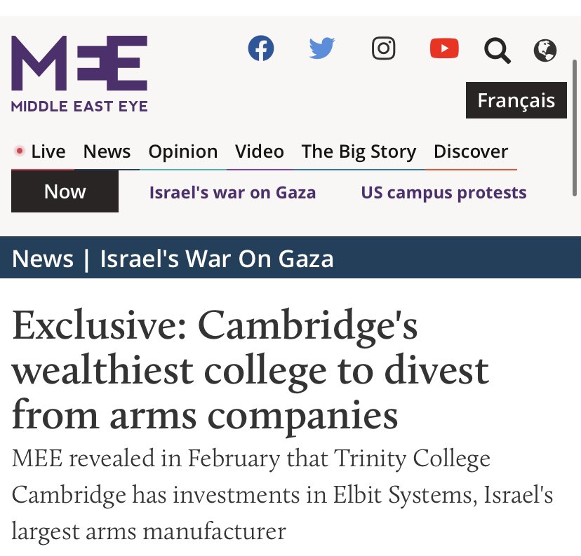BIG WIN: Trinity College Cambridge, the University of Cambridge's wealthiest college, has announced it will divest from all arms companies Trinity invests $1m in companies arming, supporting, and profiting from Israel's war on Gaza and has $80k invested in Israel's Elbit Systems