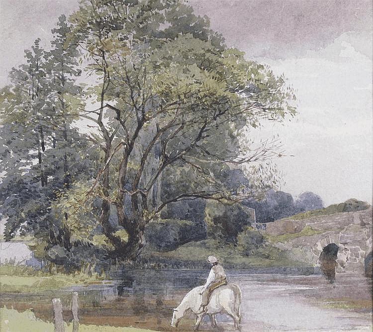 Attributed to William Evans of Eton 1798-1877 Horse and rider by a river Watercolour