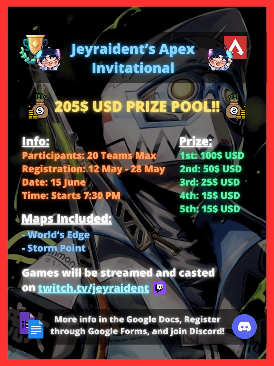 🏆TOURNAMENT ANNOUNCEMENT!!🏆

Jeyraident's Apex Invitational is here, and everyone is welcome to join!! But for the sake of competitive integrity, there will be some rank disparity rules so make sure to look through the Google Docs!!

There will be a 💰205$ USD PRIZE POOL💰 and…