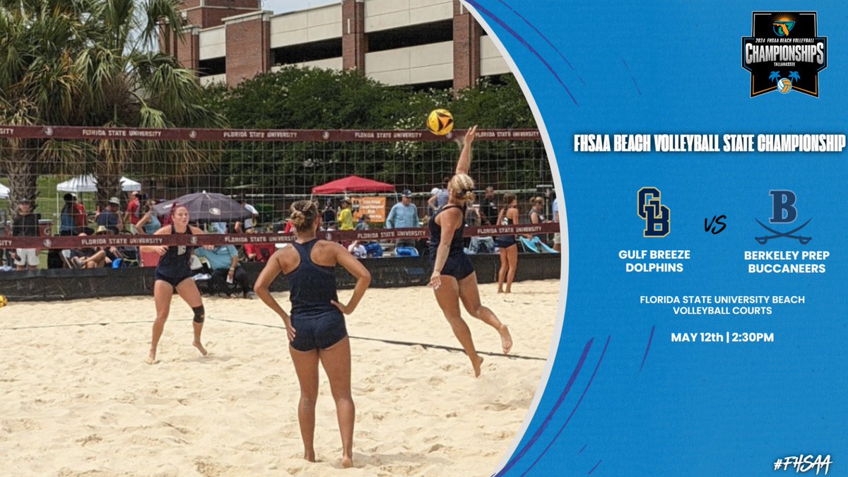 🏖️🏐🏆The #FHSAA Beach Volleyball State Championship match is set! The Gulf Breeze Dolphins will take on the Berkeley Prep Buccaneers at 2:30pm! @GB_Dolphins @BPS_Athletics