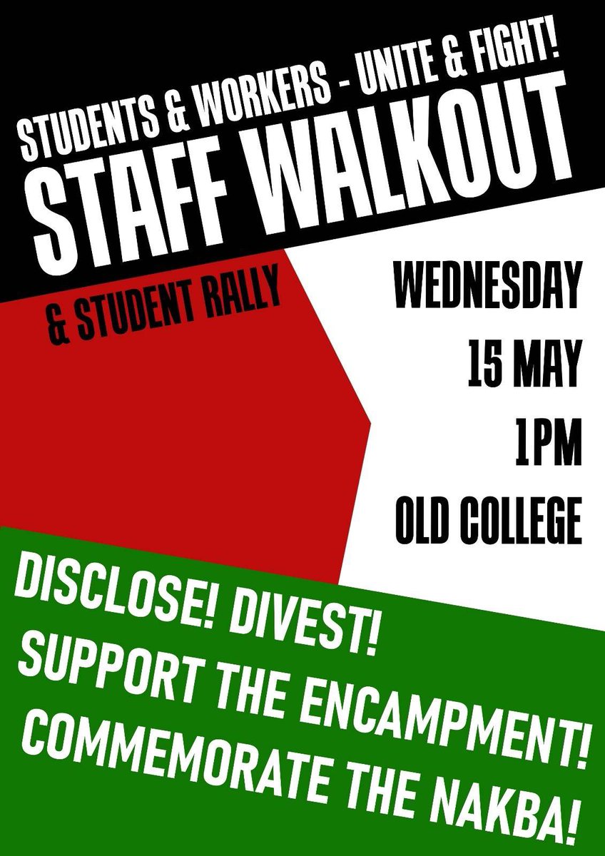 In light of #BalfourUniversity's continued support of the ongoing Nakba, we call on students and staff alike to join us at Old College encampment and demand divestment this Wednesday, May 15th ✊