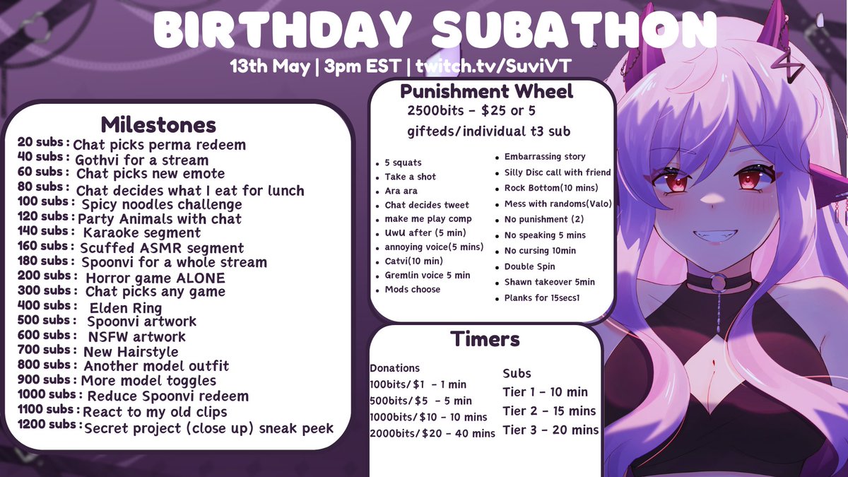 UNCAPPED Subathon Birthdaython/Suvithon Announcement 🗓️May 13th(Monday) 🕒:3pmEST(2pmCST, 12pmPST) ➜Here twitch.tv/SuviVT •Fun goals/milestones •Punishment wheel •Fun new games to play •Longer streams! HOPE TO SEE YOU THERE! #vtuber