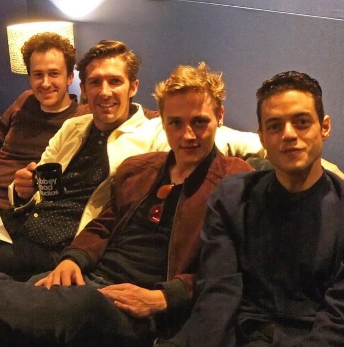 Rami Malek with his movie bandmates Joseph Mazzello, Gwilym Lee, and Ben Hardy behind the scenes on the set of 'Bohemian Rhapsody.' Malek, who won the #BestActor Oscar for his spot-on performance as legendary Queen frontman Freddie Mercury, was born on this date in 1981.