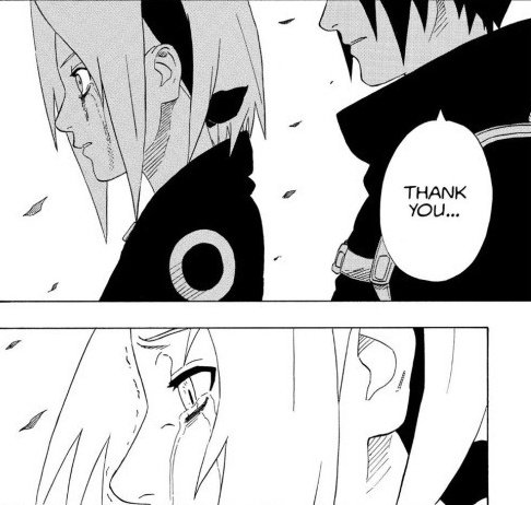 this sequence of panels is so cute, bc it's like Sasuke is thanking Sakura for being her annoying little self 😭.