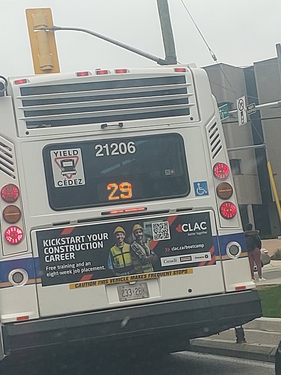 🇨🇦 A bus in front of me in Cambridge, Ontario: Kickstart Your Construction Career: Free training and an 8-week job placement.