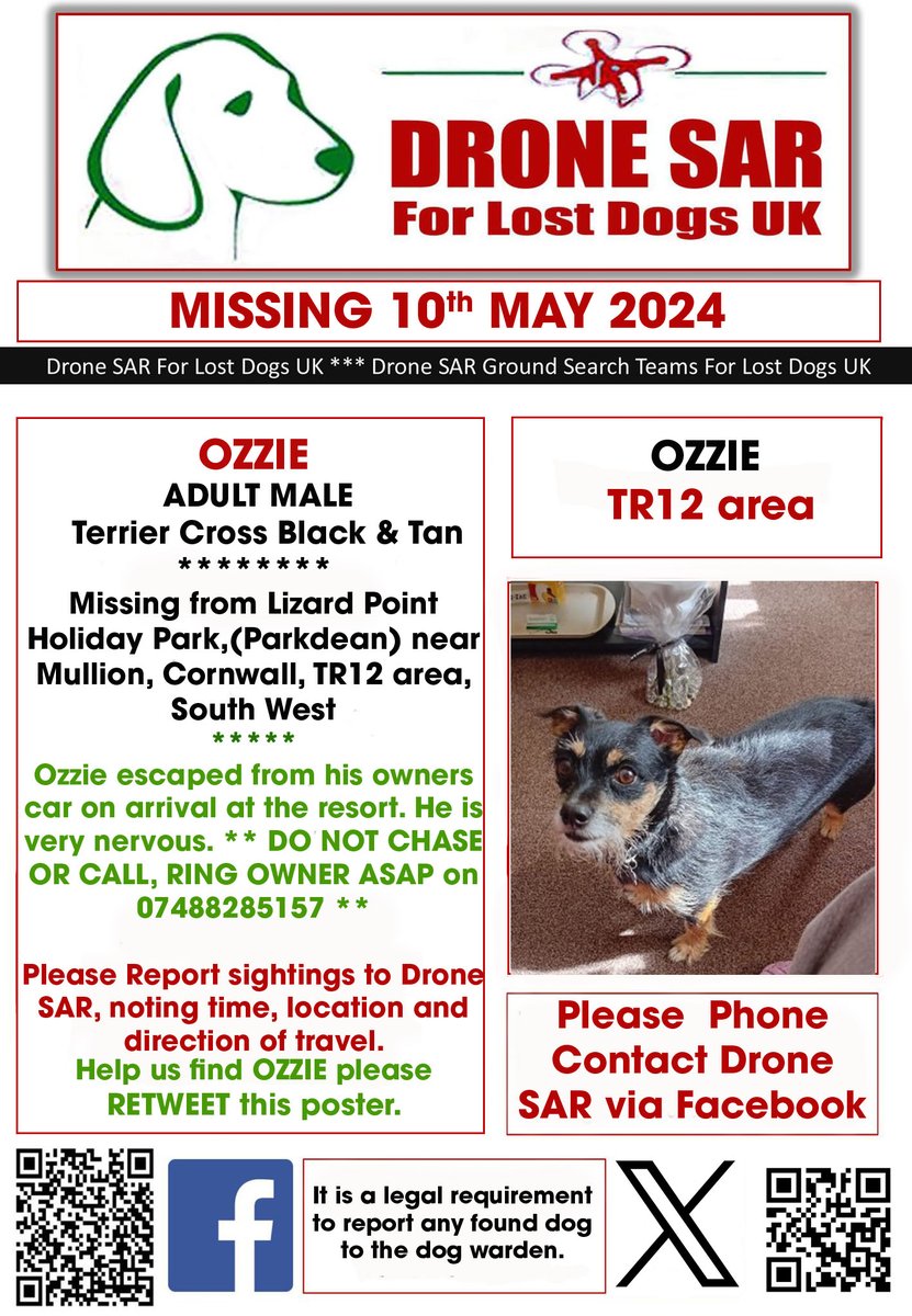 #LostDog #Alert OZZIE Male Terrier Cross Black & Tan (Age: Adult) Missing from Lizard Point Holiday Park,(Parkdean) near Mullion, Cornwall, TR12 area, South West on Friday, 10th May 2024 #DroneSAR #MissingDog