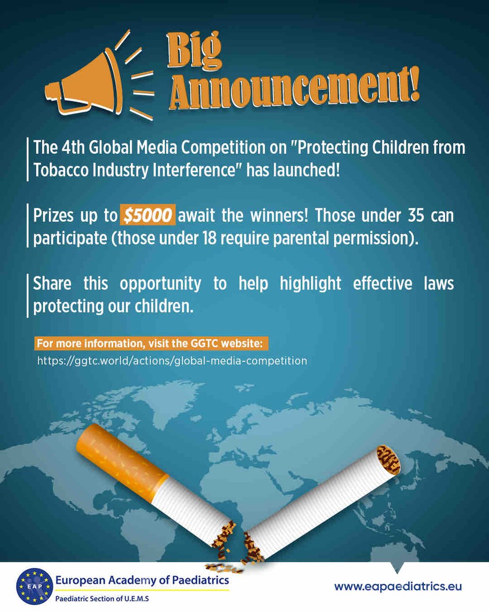 The 4th Global Media Competition on “Protecting Children from Tobacco Industry Interference” has launched! Prizes up to $5000 await the winners! Those under 35 can participate! Share this opportunity to help protecting our children. ow.ly/frpi50RCRwj