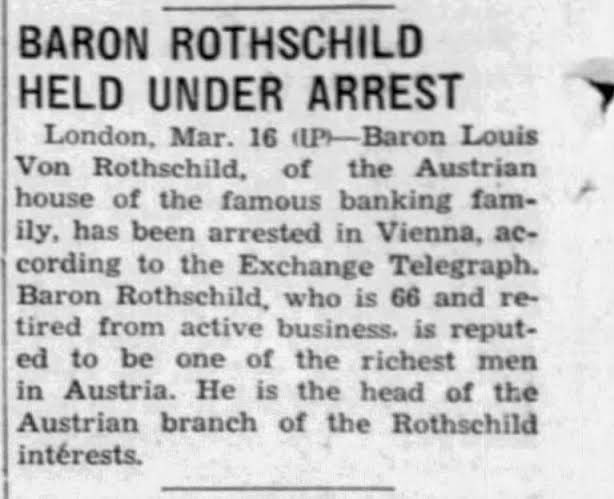 Hitler arresta a Louis Baron de Rothschild en Austria.