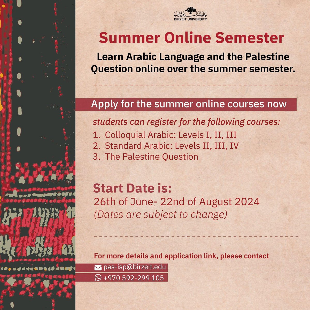 Do you want to learn #Arabic from the comfort of your home? If so, apply now for the online summer semester. #learnarabic #BZU Contact info: WhatsApp:+970-592-299105 Email: pas-isp@birzeit.edu Website: birzeit.edu