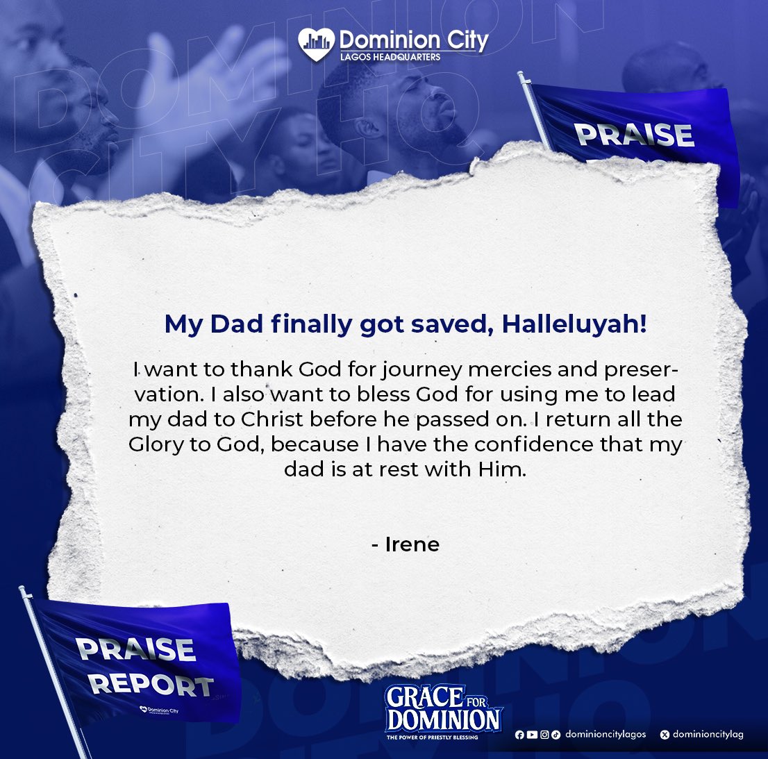 Praise report from today’s service. 

#DominionCity #DCLagosHQ #GraceForDominion #PriestlyBlessing
