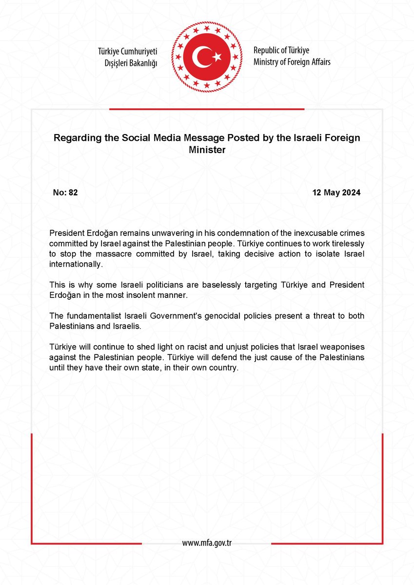 Regarding the Social Media Message Posted by the Israeli Foreign Minister mfa.gov.tr/no_-82_-israil…