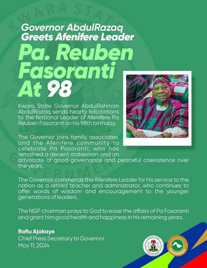 Governor AbdulRazaq AbdulRahman greets Afenifere Leader, Pa. Reuben Fasoranti at 98
 
#GreaterKwara.