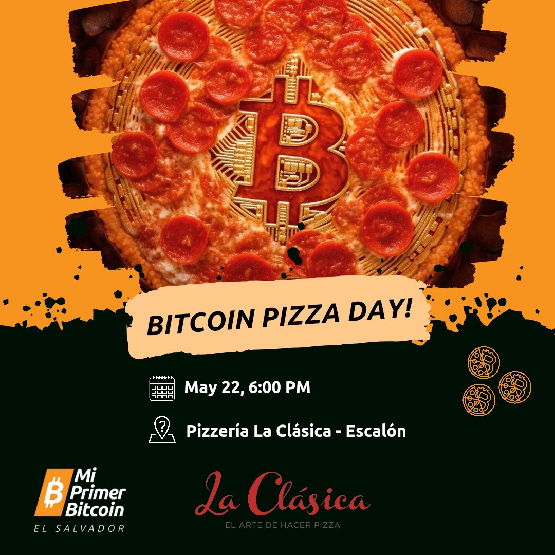 Join us on Wednesday May 22 to celebrate #Bitcoin Pizza Day! 🍕 🕖 6pm - 9pm 🇸🇻 San Salvador Come over and have fun with other bitcoiners. Reserve your spot on our EventBrite! 👇🏽 eventbrite.com/e/bitcoin-pizz…