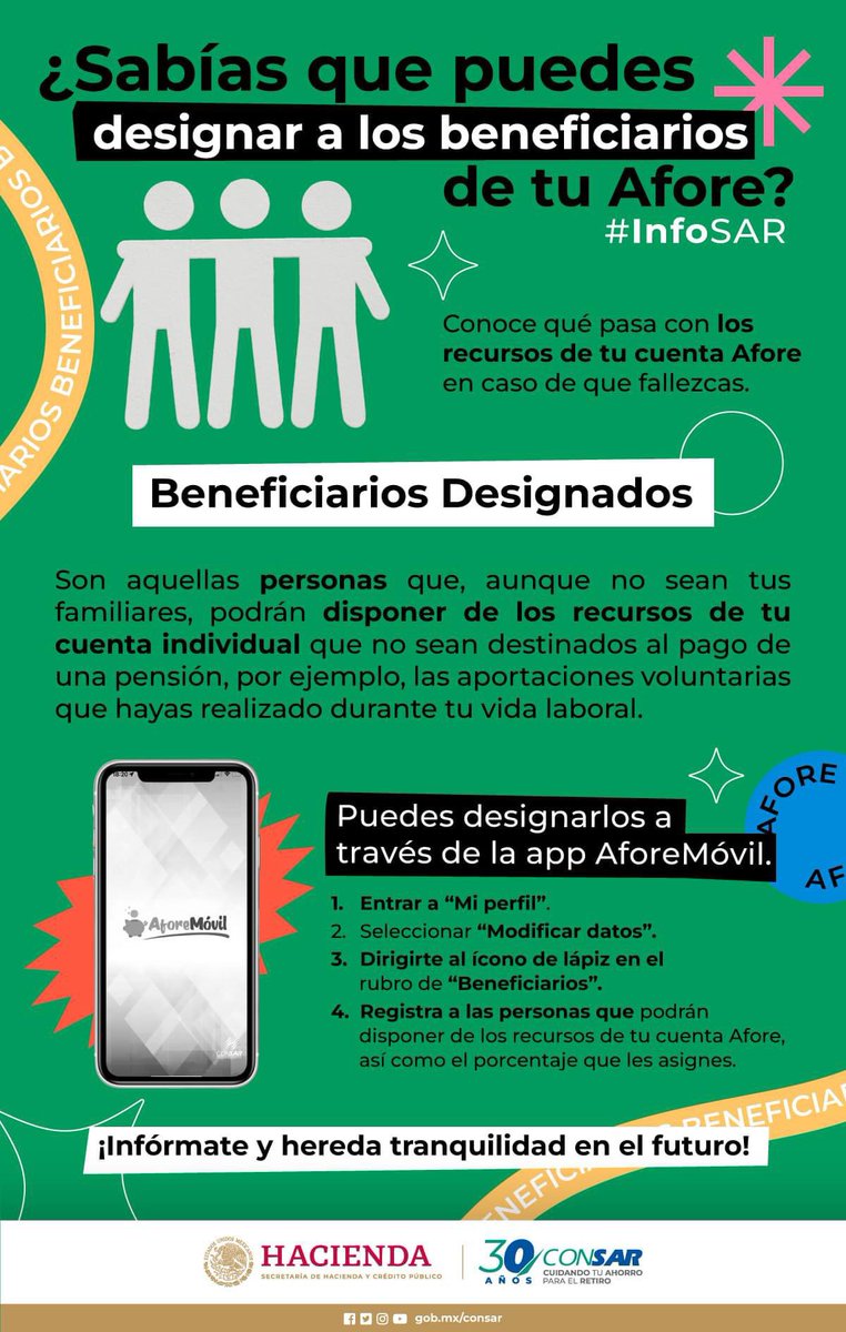 👀 ¡Mucho ojo!
Recuerda que si falleces, el dinero de tu cuenta #Afore puede ser entregado a tus Beneficiarios Designados.
¡Infórmate y hereda tranquilidad en el futuro!
#InfoSAR