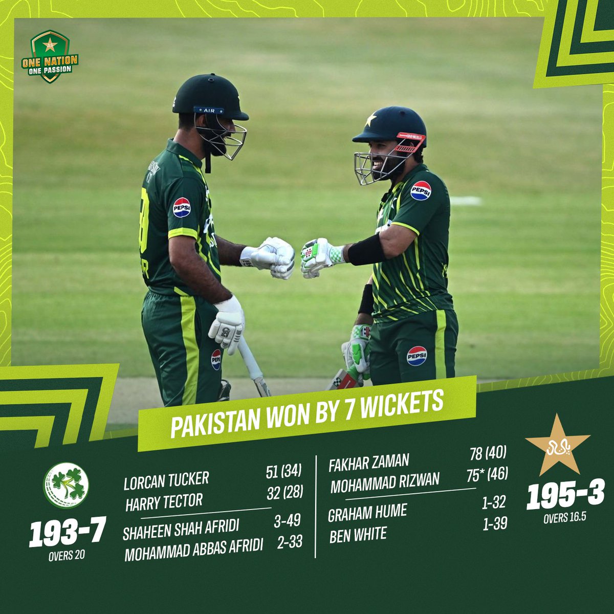 Victory by seven wickets in the second T20I! Belligerent knocks by @FakharZamanLive and @iMRizwanPak followed by an explosive cameo by @MAzamKhan45 seals the game 🔥 #IREvPAK | #BackTheBoysInGreen