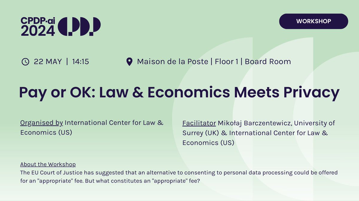 22 MAY: @LawEconCenter is hosting a workshop at @CPDPconferences's #CPDPai2024 in Brussels led by ICLE Senior Scholar @MBarczentewicz on the privacy and L&E implications of the co-called 'Pay or OK' model. Register at the link.
cpdpconferences.org/registration