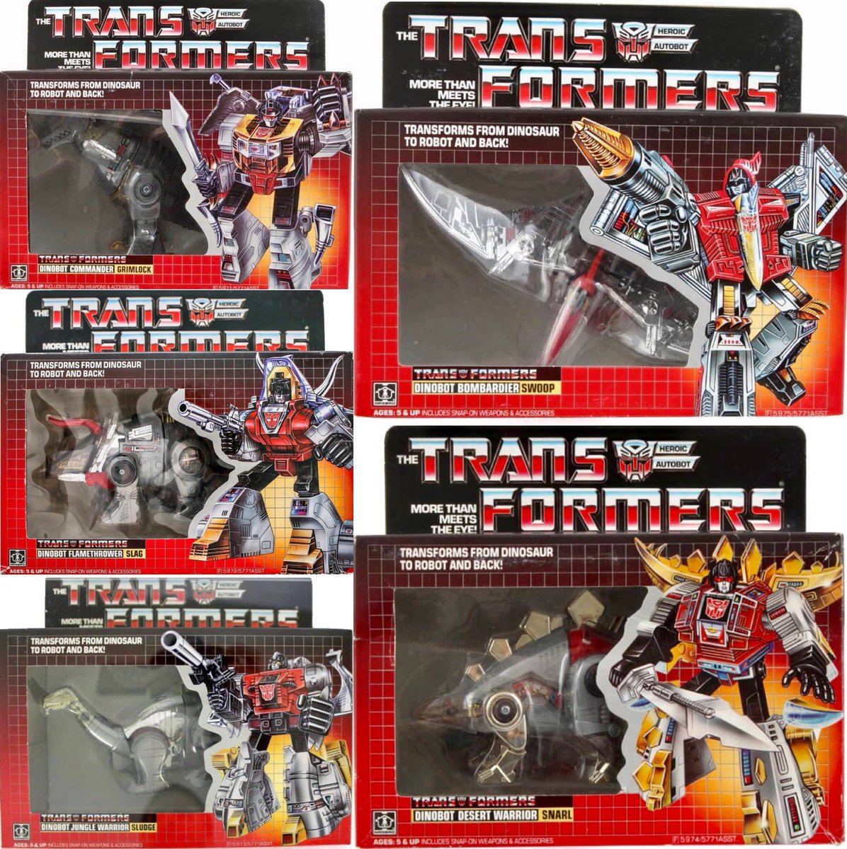 Check out Grimlock, Slag, Sludge, Swoop, and Snarl aka The Dinobots who were released as part of the 2nd wave of Transformers figures in 1985. Who was your favorite Dinobot?

#mattel #transformers #dinobots #actionfigures