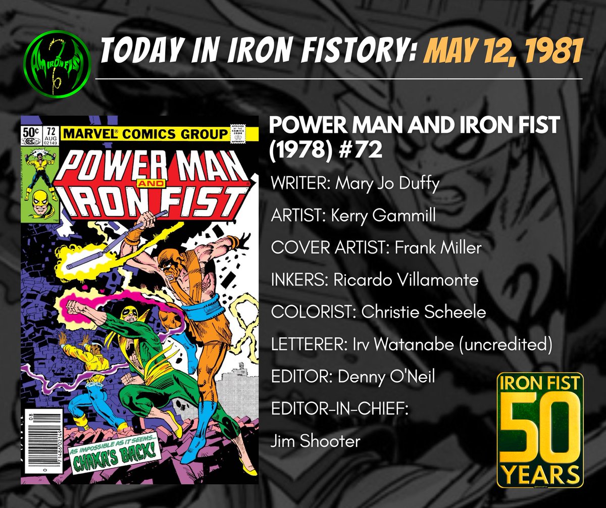 Today in Iron Fistory! POWER MAN & IRON FIST #72 went on sale May 12, 1981.👊
WRITER: Mary Jo Duffy
ARTIST: Kerry Gammill
COVER ARTIST: Frank Miller
INKERS: Ricardo Villamonte
COLORIST: Christie Scheele
LETTERER: Irv Watanabe (uncredited)
EDITOR: Denny O'Neil
E.I.C.: Jim Shooter