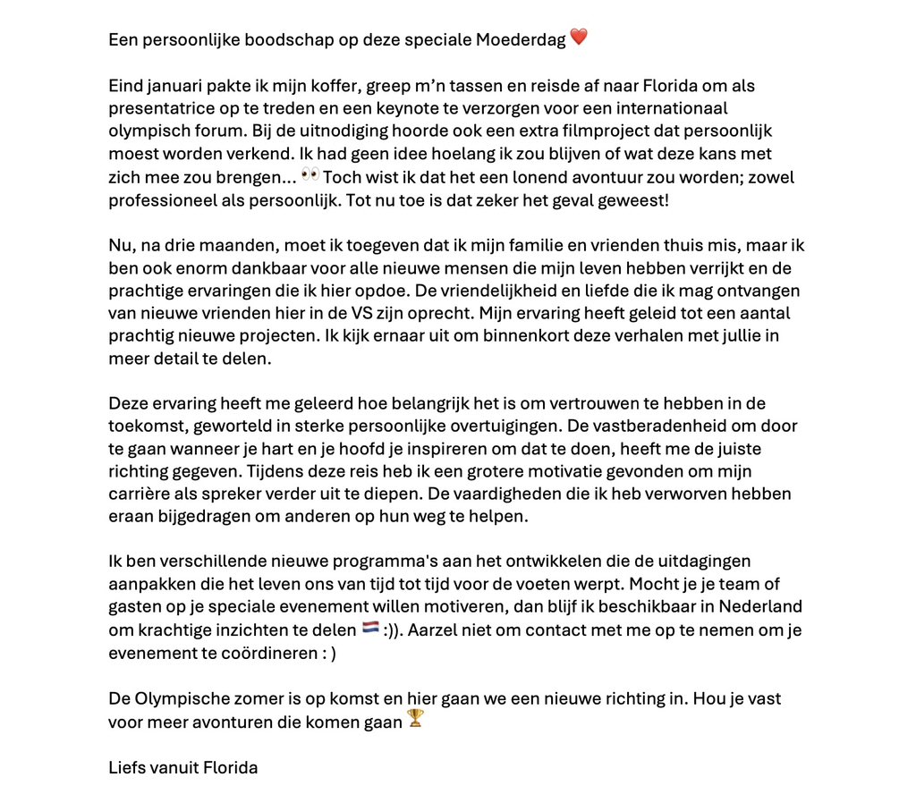 A personal message on this special Mother’s Day ❤️ 

(swipe for English and Dutch version)

#motivationalspeaker #presenter #author #emcee #anchor #tv #reporter #keynote #actress #sports #elitesport #lifelessons #personalstory #personalmessage #film #documentary #mothersday