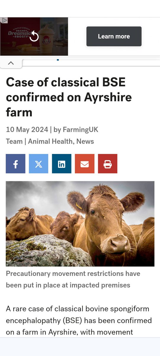 #Ayrshire Bovine Spongiform Encephalopathy - #BSE found on a UK fharm. 'In the 1990s, millions of cattle were culled across the country during a classical BSE epidemic, linked to cattle eating rendered animal products contaminated with the BSE agent' farminguk.com/news/case-of-c…