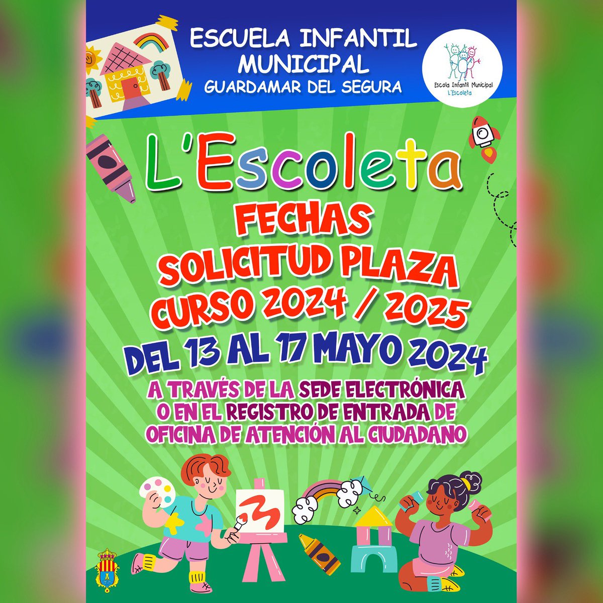 Apertura del plazo de admisión en la Escuela Municipal Infantil l’Escoleta, del 13 al 17 de mayo para el curso 2.024/25. #Educación #EscuelaInfantil @Guardamar_Ayto