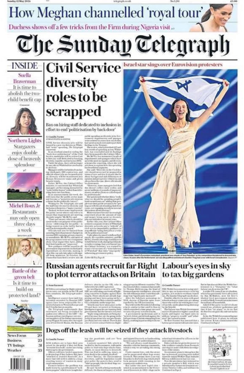 A British Newspaper puts the Israeli Eurovision singer on the front page instead of the British Eurovision candidate, or even the winner.... 

Someone, please put a comment to remind me...who controls our media again?