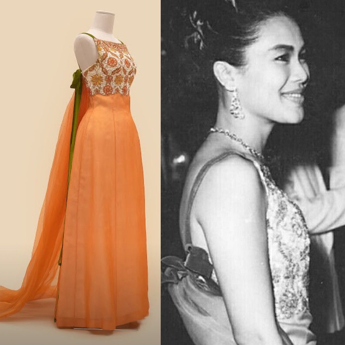 The ‘Marly’ gown by Pierre #Balmain in 1962 was just one of the many garments the designer made for Queen Sirikit of Thailand. The vibrancy of the orange & green are a perfect reflection of the lush Thai landscape & the warmth of frequent sunny days @QSMTBangkok #fashionhistory