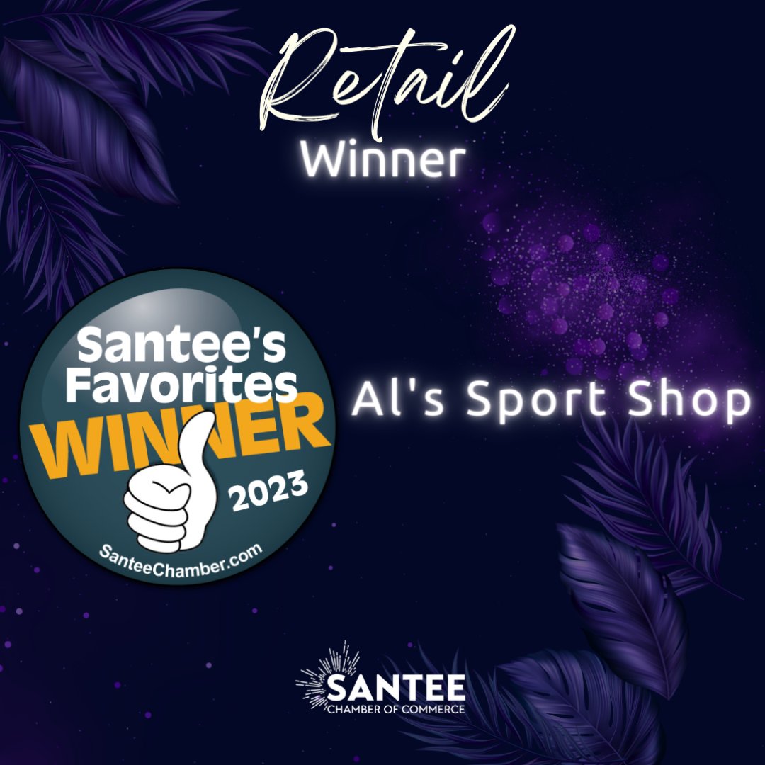 🎉 Congratulations to Al's Sport Shop for winning Santee Favorites in the Retail category! Thank you for serving Santee. 🏆 #SanteeFavorites #SanteeChamber