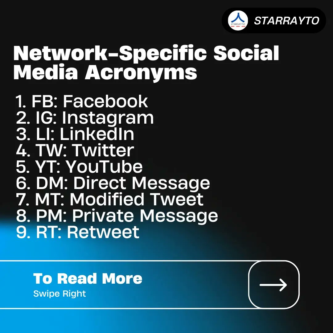 starrayto's tweet image. Network-Specific Social Media Acronyms
Day 1 / 30 Of Learning Acronyms
#acronyms  #acronympresto #shortforms #shortformseries #digitalmarketing
#digitalmarketingtips #digitalmarketingstrategy
#marketing #marketingdigital #marketingagency
#useful #usefultips #business #Eurovision