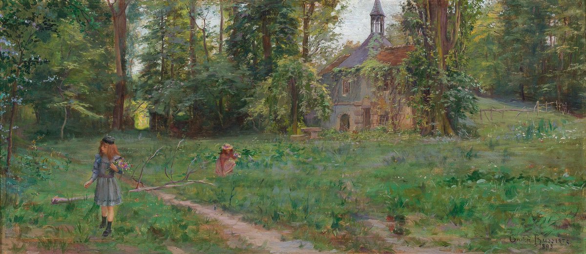 Gaston Bussière Girls Picking Flowers in a Summer Landscape 1893